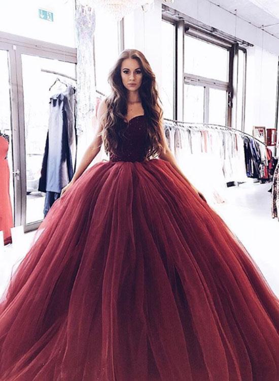 Burgundy Strapless Ball Gown Beaded Long Custom Evening Prom Dresses, 17453