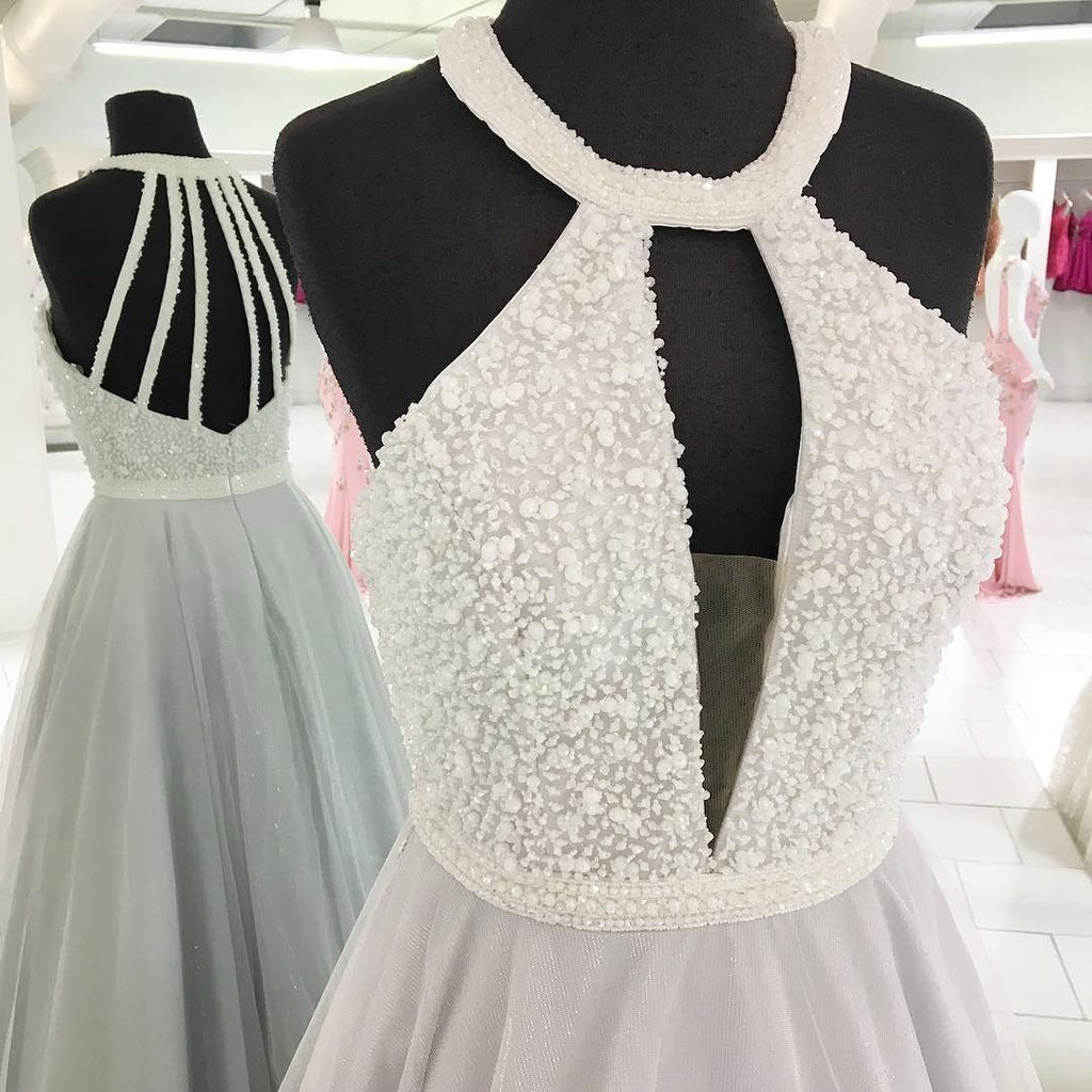 Cheap Elegant Fashion Sexy Halter Tulle Beaded A line Custom Grey Long Evening Prom Dresses, 17359
