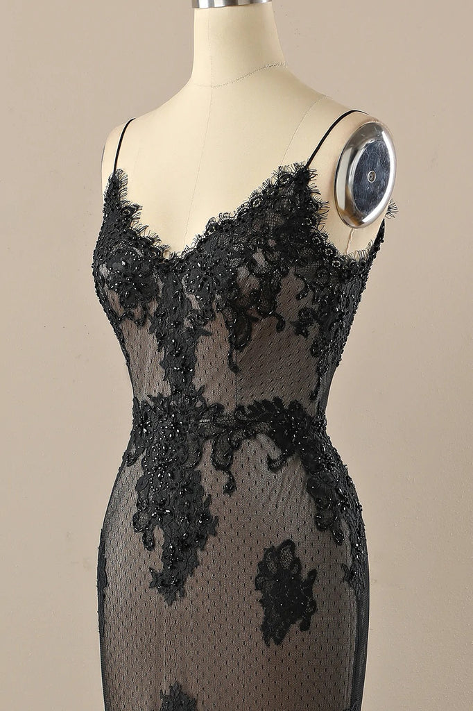 Black Mermaid Spaghetti Straps V-neck Cheap Long Prom Dresses,12800