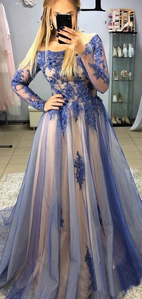 Blue A-line Jewel Long Sleeves Prom Dresses Online, Evening Party Dresses,12554