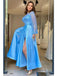 Blue A-line Long Sleeves High Slit Cheap Long Prom Dresses Online,12717