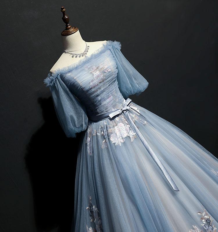 Blue A-line Off Shoulder Half Sleeves Long Party Prom Dresses, Dance Dresses,12360