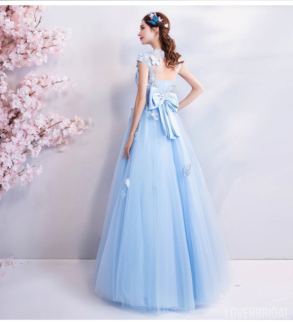 Blue A-line Short Sleeves Jewel Long Prom Dresses Online, Dance Dresses,12608