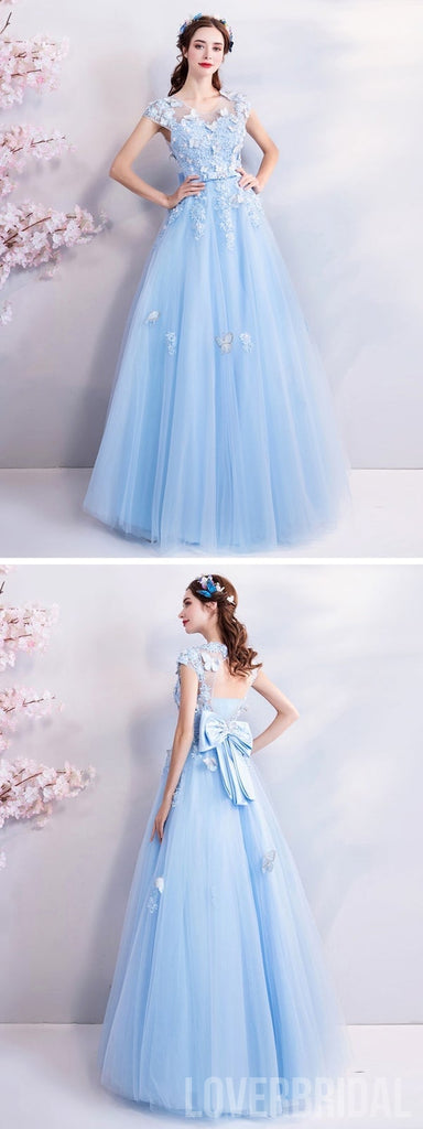 Blue A-line Short Sleeves Jewel Long Prom Dresses Online, Dance Dresses,12608