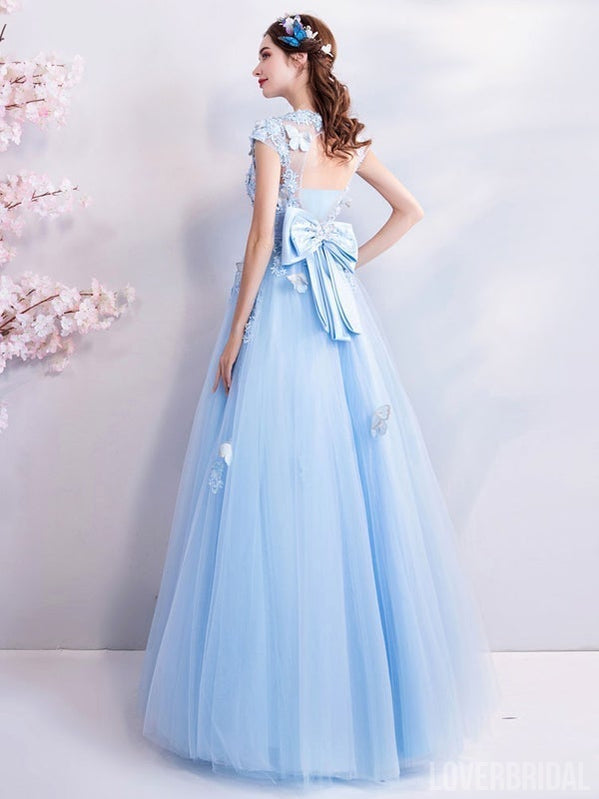 Blue A-line Short Sleeves Jewel Long Prom Dresses Online, Dance Dresses,12608