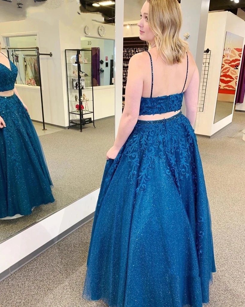Blue A-line Spaghetti Straps V-neck Two Pieces Long Prom Dresses Online,12556