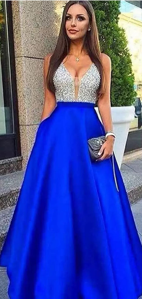 Blue A-line V-neck Cheap Long Prom Dresses Online,Dance Dresses,12718