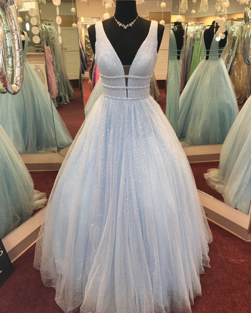 Blush Pink V Neck Straps A-line Sparkly Tulle Long Evening Prom Dresses, 17562