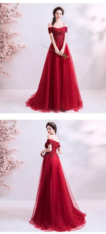 Burgundy A-line Off Shoulder Long Prom Dresses Online, Dance Dresses,12561