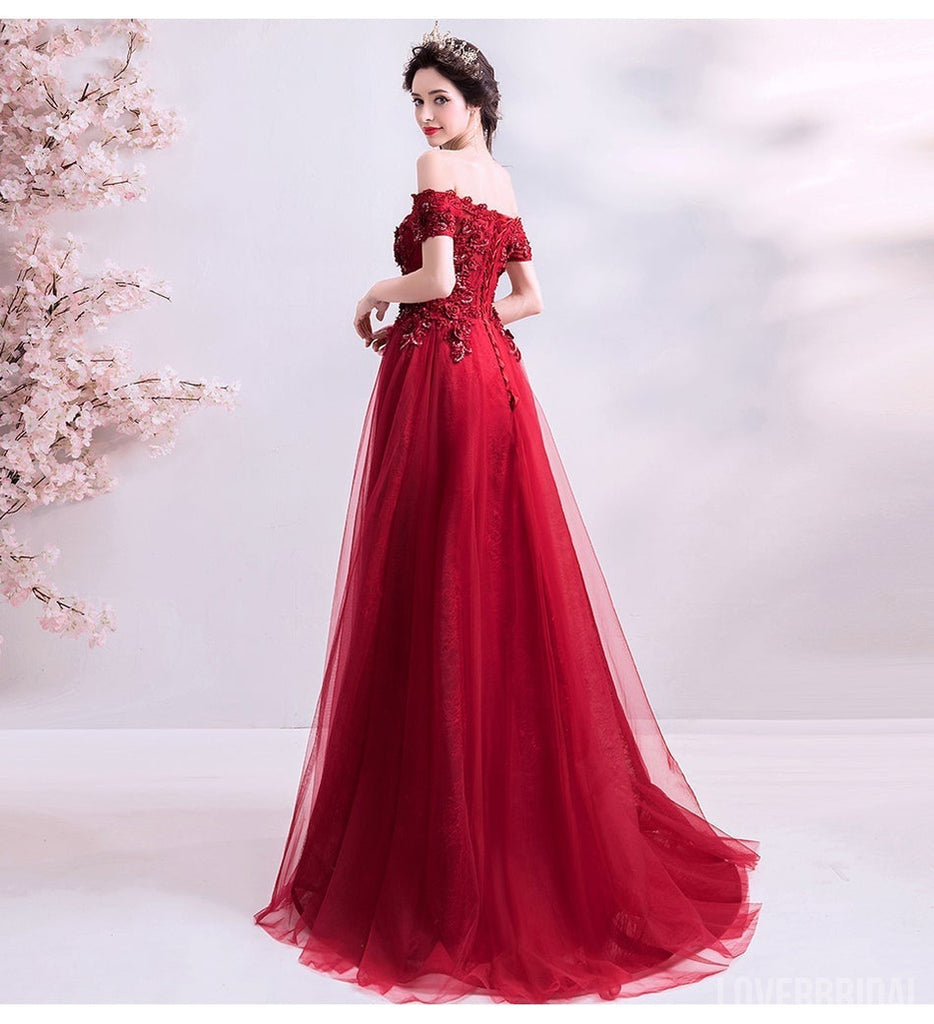 Burgundy A-line Off Shoulder Long Prom Dresses Online, Dance Dresses,12561