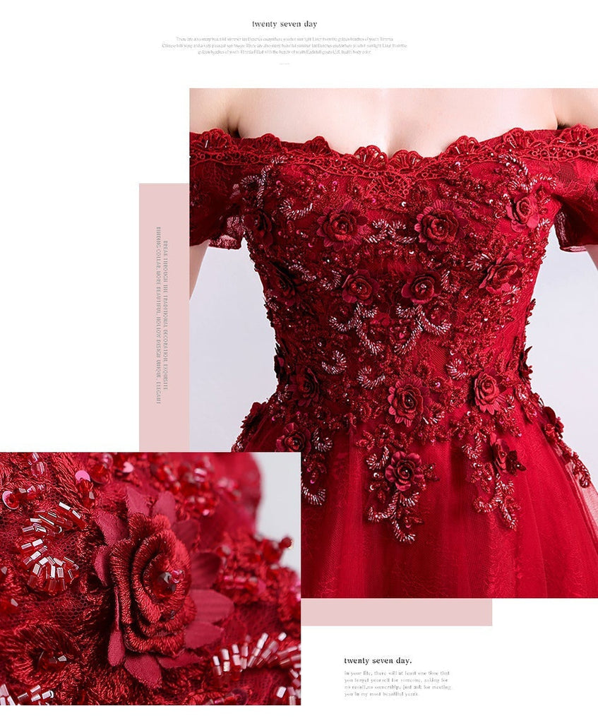 Burgundy A-line Off Shoulder Long Prom Dresses Online, Dance Dresses,12561