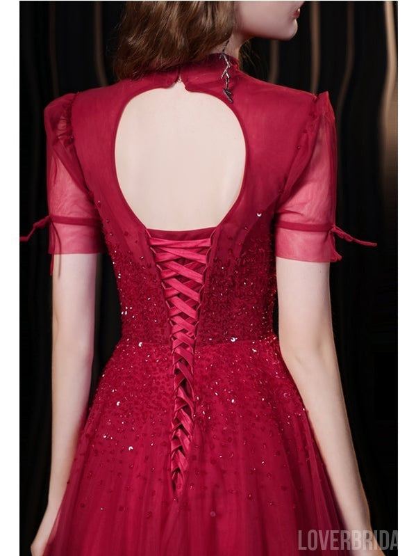 Burgundy A-line Short Sleeves Openback Long Prom Dresses Online,12577