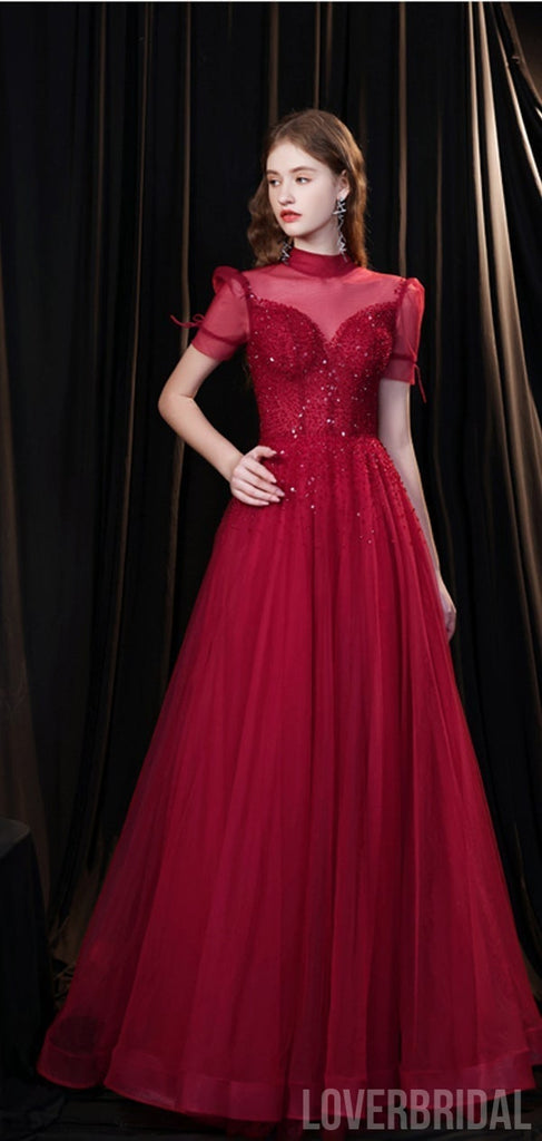 Burgundy A-line Short Sleeves Openback Long Prom Dresses Online,12577