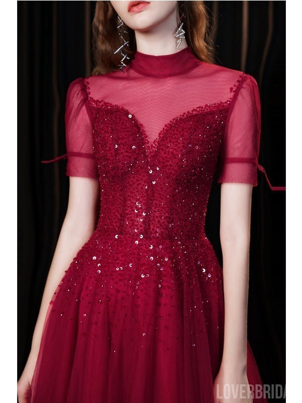 Burgundy A-line Short Sleeves Openback Long Prom Dresses Online,12577