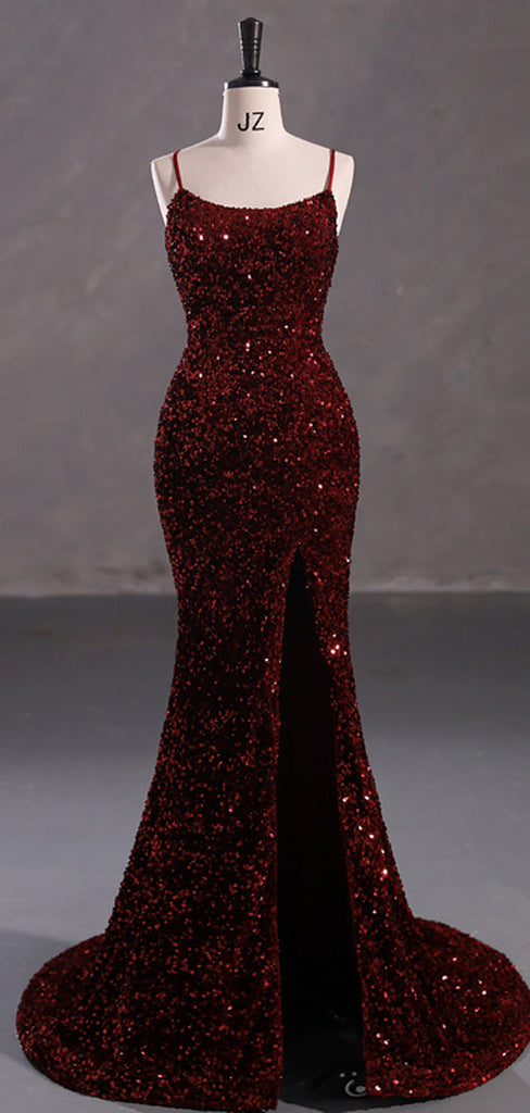 Burgundy Mermaid Spaghetti Straps Backless Cheap Prom Dresses,12863