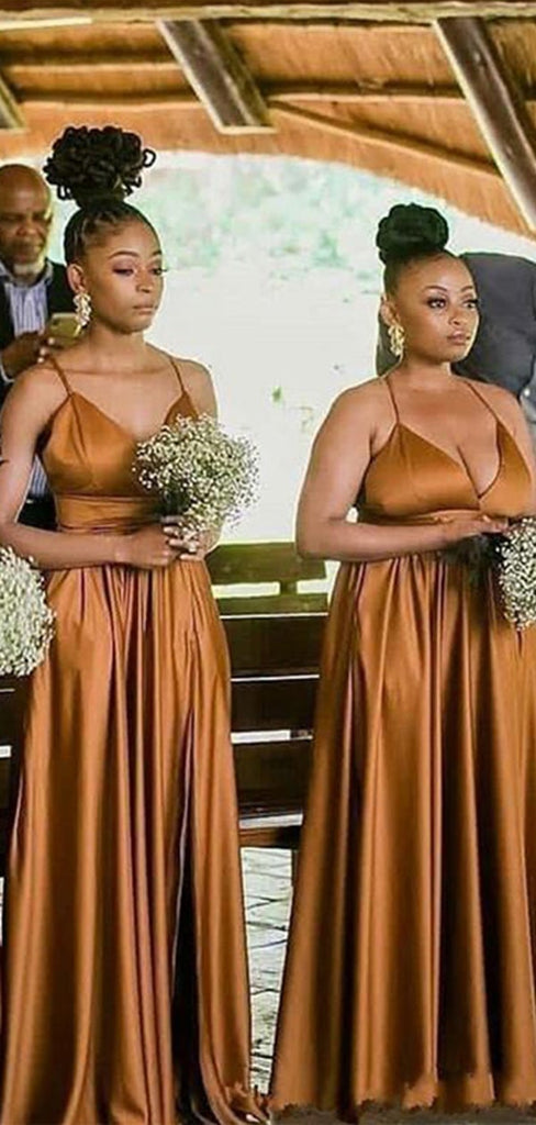 Burnt Orange A-line Spaghetti Straps V-neck Long Bridesmaid Dresses,WG1049