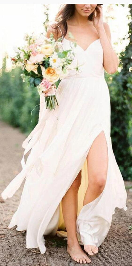 Casual Spahgetti Straps V Neck Side Slit Simple Beach Wedding Dresses, WD328