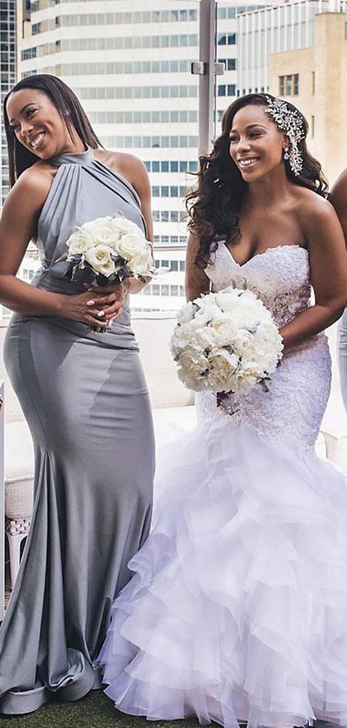 Grey Sexy Mermaid Halter Sleeveless Long Bridesmaid Dresses Gown Online,WG929
