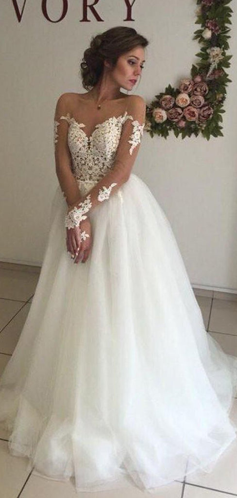Off Shoulder Long Sleeves Lace A-line Wedding Dresses Online, WD409