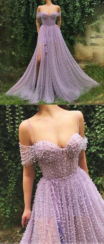 Purple A-line Spaghetti Straps Off Shoulder High Slit Long Prom Dresses Online,12600