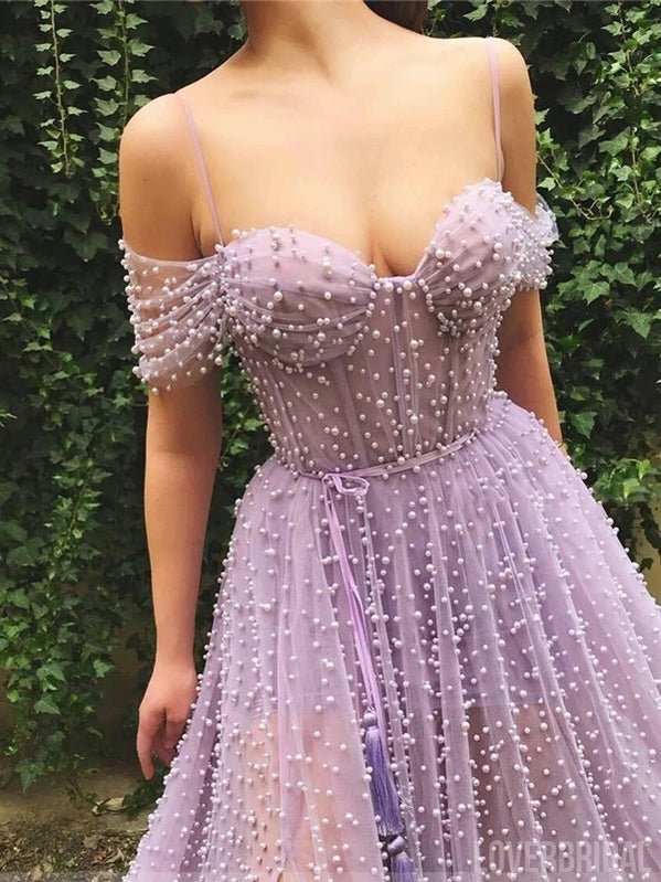 Purple A-line Spaghetti Straps Off Shoulder High Slit Long Prom Dresses Online,12600