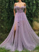 Purple A-line Spaghetti Straps Off Shoulder High Slit Long Prom Dresses Online,12600