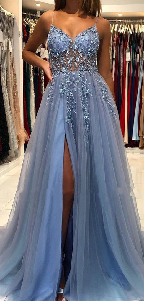 See Through Dusty Blue A-line Spaghetti Straps High Slit Long Prom Dresses,12749