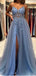 See Through Dusty Blue A-line Spaghetti Straps High Slit Long Prom Dresses,12749