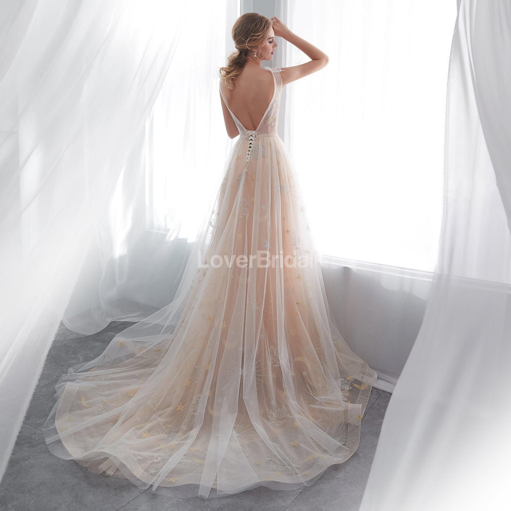 Sexy Backless See Through Lace A-line Cheap Wedding Dresses Online, Unique Bridal Dresses, WD574