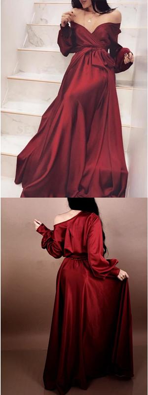 Sexy Burgundy A-line Off Shoulder Long Sleeves Prom Dresses Online,12396