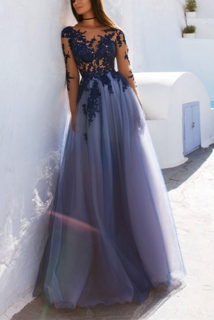 Sexy See Through Blue Lace Long Sleeve Open Back Custom Long Evening Prom Dresses, 17482