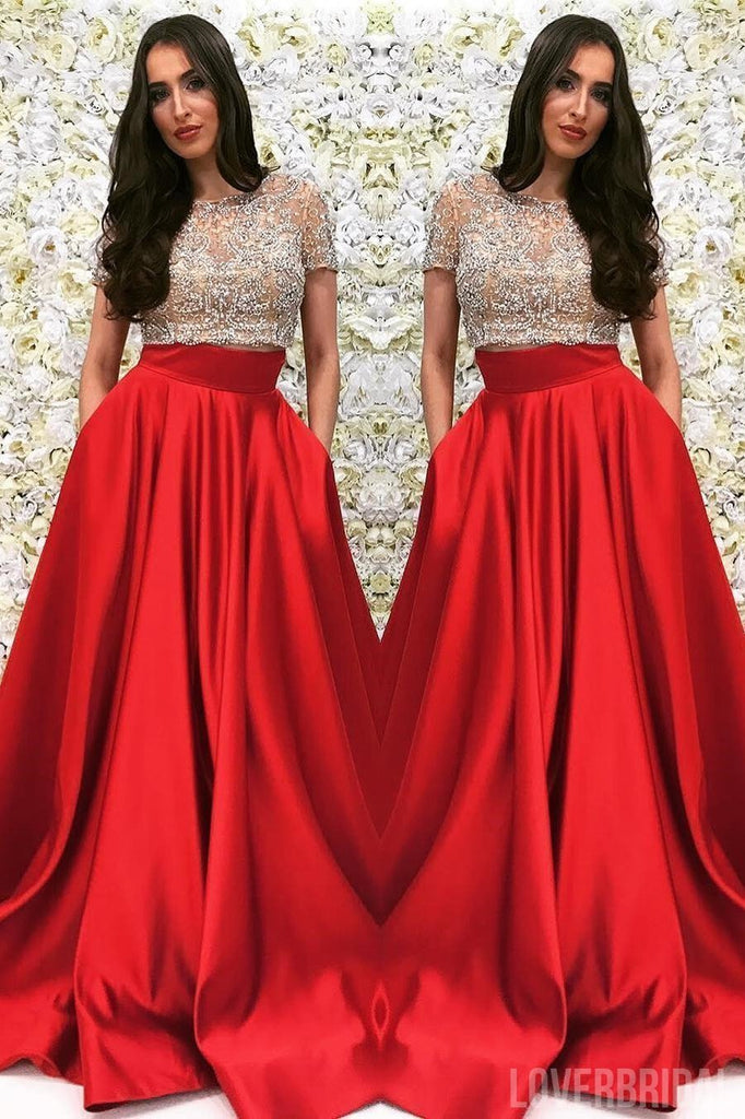 Short Sleeve Gold Beaded A line Black Long Evening Prom Dresses, 17653
