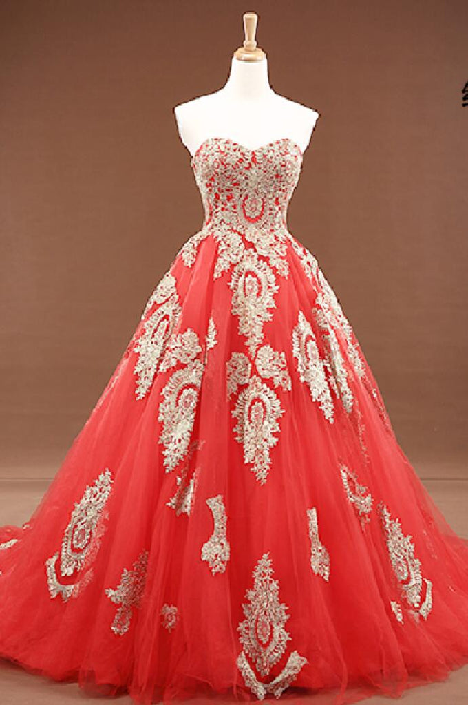 Sweetheart Gold Lace Applique A-line Wedding Dresses, Cheap Wedding Gown, WD710