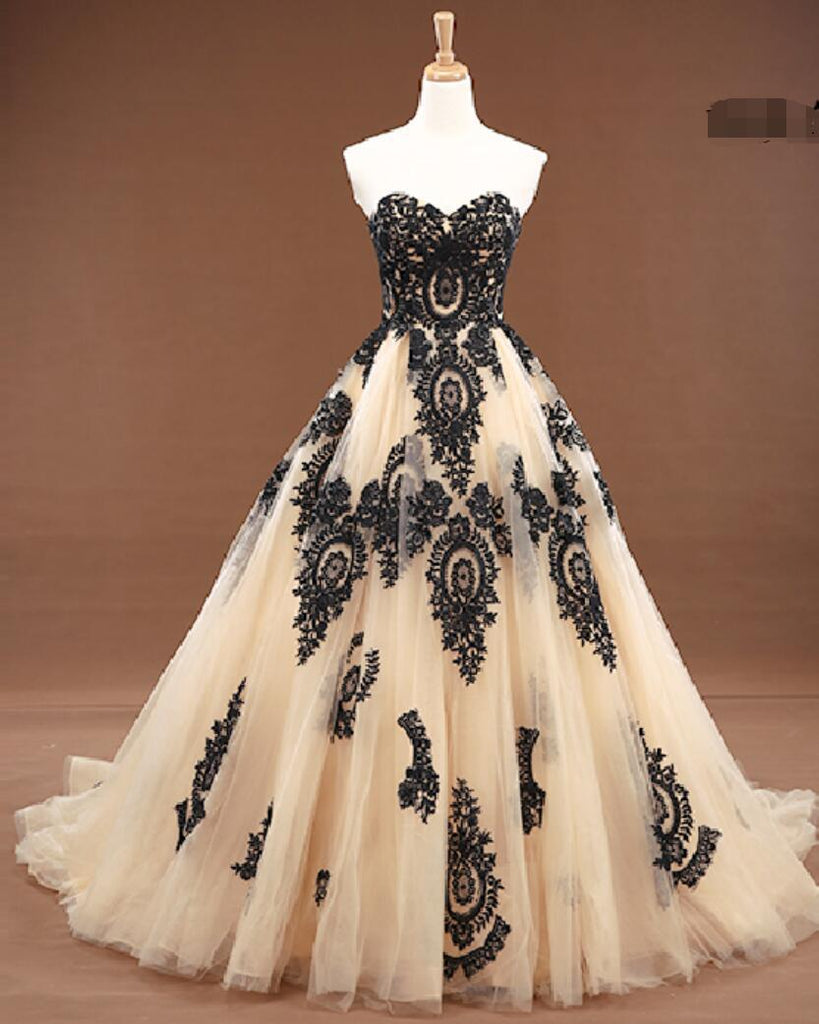 Sweetheart Gold Lace Applique A-line Wedding Dresses, Cheap Wedding Gown, WD710