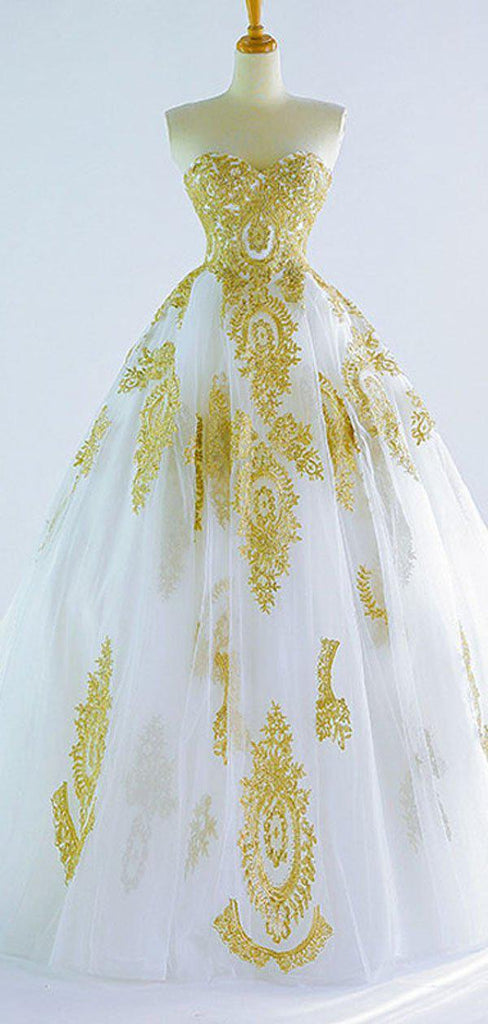 Sweetheart Gold Lace Applique A-line Wedding Dresses, Cheap Wedding Gown, WD710