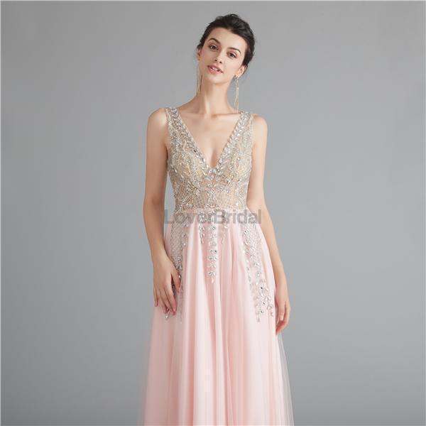 V Neck Chiffon Heavily Beaded Pink Evening Prom Dresses, Evening Party Prom Dresses, 12122
