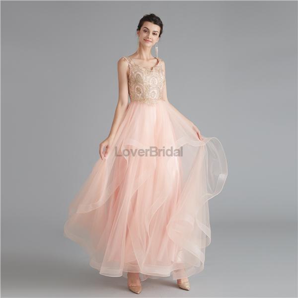 V Neck Peach A-line Gold Bodice Evening Prom Dresses, Evening Party Prom Dresses, 12120