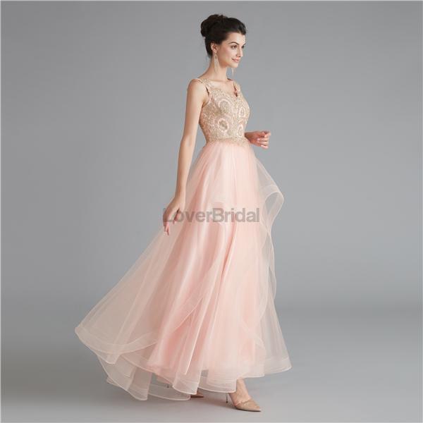 V Neck Peach A-line Gold Bodice Evening Prom Dresses, Evening Party Prom Dresses, 12120