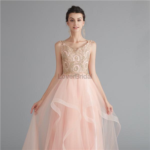 V Neck Peach A-line Gold Bodice Evening Prom Dresses, Evening Party Prom Dresses, 12120