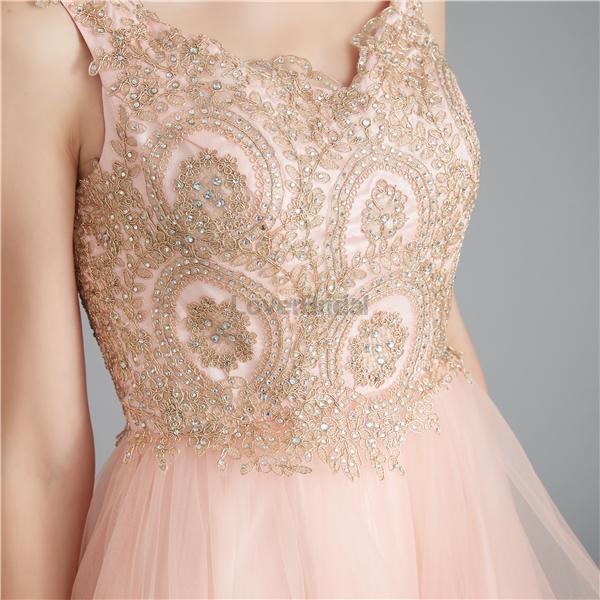 V Neck Peach A-line Gold Bodice Evening Prom Dresses, Evening Party Prom Dresses, 12120