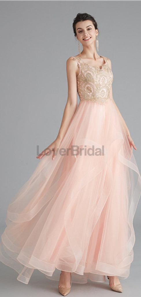 V Neck Peach A-line Gold Bodice Evening Prom Dresses, Evening Party Prom Dresses, 12120