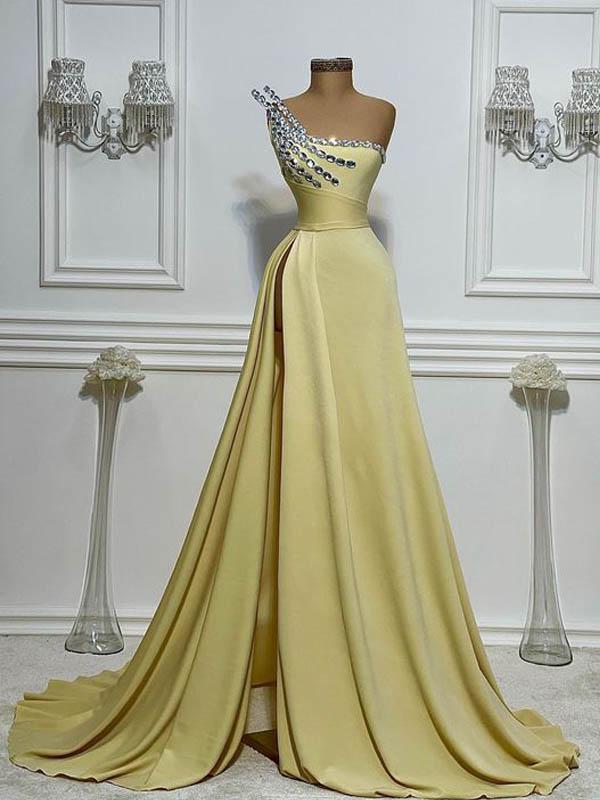 Yellow A-line One Shoulder High Slit Cheap Long Prom Dresses Online,12496