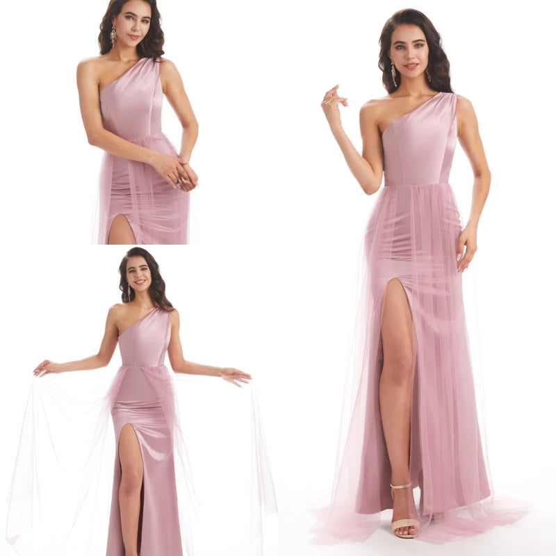 One Shoulder Dusty Pink Slit Long Bridesmaid Dresses Online, WG790