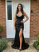 Black Sequin Crystal Cowl Neck Slit Mermaid Prom Dress, 26020