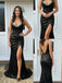 Black Sequin Crystal Cowl Neck Slit Mermaid Prom Dress, 26020