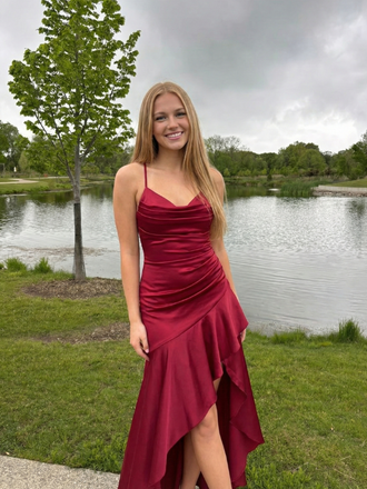 Elegant Cowl Neck Ruched Asymmetrical Slit Burgundy Satin Prom Dress, 26001