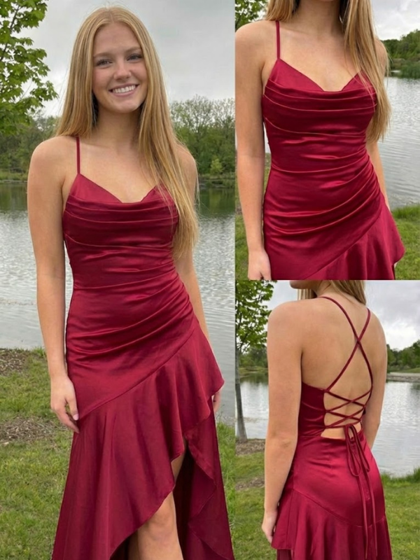 Elegant Cowl Neck Ruched Asymmetrical Slit Burgundy Satin Prom Dress, 26001