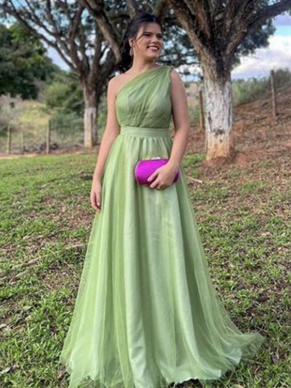 Elegant Green A-line One Shoulder Maxi Long Party Prom Dresses,Evening Dress,13293