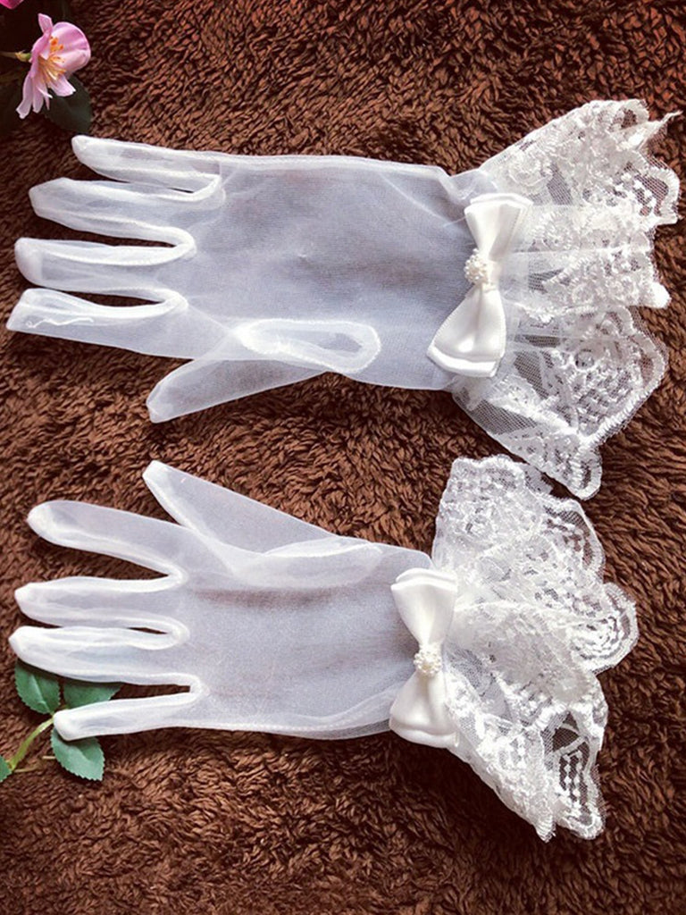 Elegant Versatile Lace Bow Short Bridal Gloves, VM07