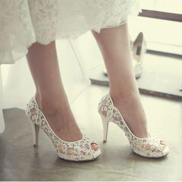 Fashion Fish Toe Ivory Lace High Heels Wedding Bridal Shoes, S013